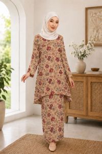 Baju Kurung Floral Cotton Japanese Blend Premium - Zip Depan Mesra Menyusu BF Friendly - Cutting Cantik Terletak