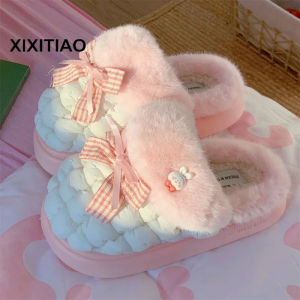 XIXITIAO รองเท้ากักขังติดโบว์หัวใจสำหรับเด็กผู้หญิงรองเท้าแตะคอตตอนใส่อยู่บ้านพื้นหนาสำหรับฤดูหนาว