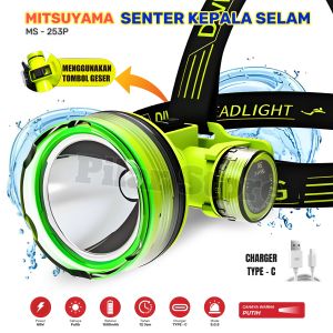 Senter Kepala Selam 80W Mitsuyama MS-253P | Headlamp Diving Cahaya Putih Super Terang Recharger TYPE-C Tahan Hingga 12 Jam | Senter Selam CAS Super Terang Kedalaman 30Meter Waterproof