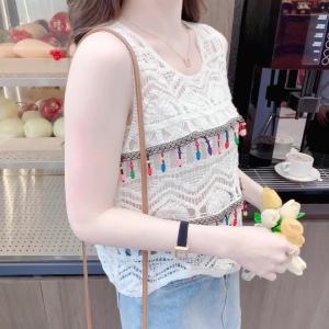 Ammin 2024 Mùa Hè Mới Pháp Đơn Giản cổ tròn Thời Trang Thêu Cutout Áo phông ren Phụ Nữ phiên bản Hàn Quốc Không Tay Áo Blouse thanh lịch