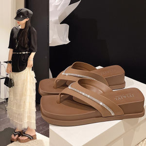 Summer WomenS New Square-Toed Wedge Heel Height-Increasing Versatile Rhinestone Beach Open-Toe Flip-Flops