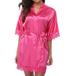 Soft Faux Ice Silk Bathrobe For Women Elegant Lace Trim 3/4 Sleeve Short Kimono Robe Sleepwear For Relaxing Evenings