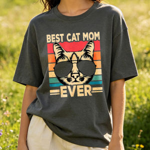 [Local Stock] HBESTY  Best Cat Mom Ever Funny Cat Lover Retro Cat Women T-Shirt  Harajuku Men Clothing Funny Outdoors High Quality Cotton Short-sleev