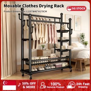 Double Rods Clothes Rack Rolling Clothing Rack for Hanging Clothes Portable Wardrobe Rack Sturdy Rack for Bedroom Living Room