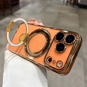 for Magsafe Plating Bracket Stand Case for iPhone 17 16 15 14 Pro Max Plus 12 13 17 Air Camera Film Protector Transparent Cover
