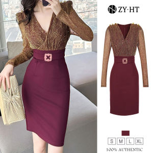 ZYHT EraVogue เดรสผู้หญิง เดรสสีทอง เดรสแขนยาว เดรสคอวี เดรสทำงาน เดรสไฮโซ เดรสวินเทจ เดรสออกงาน เดรสปาร์ตี้ เดรสฝรั่งเศส 50722