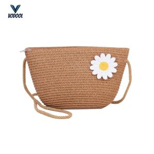 Cute Womens Straw Weave Crossbody Bag with Flower Design and Zipper Closure for Beach and Casual Events[Vodool Center]