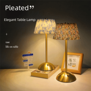 NHIH Metal Base Pleated Desk Lamp Pastoral Style Fabric Shade Touch Bedside Lamp Portable 3 Color Lights LED Night Light Living Room
