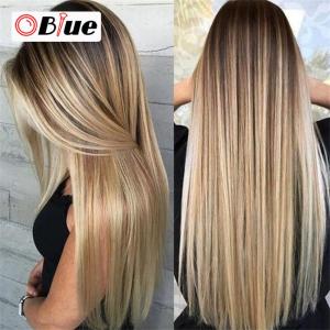 OBlue Women Straight Hair Wig Synthetic Gradient Black Blond Hair Heat Resistant Long Wig