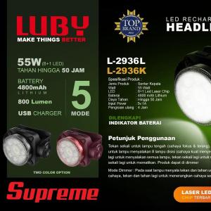 LUBY L-2936L Senter Kepala Led 55Watt Battery 4800Mah Tahan Hingga 50Jam Indikator Baterai