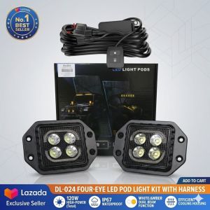 DL-024 3-Inch Black Warrior Small Square 4 LED Auxiliary Driving Light | White + DRL Yellow Explosive Flash | Off-Road Fog Lamp | Pair | Universal 12V-24V