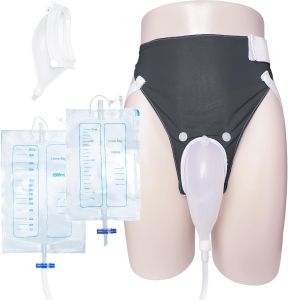 Wearable Urine Collector with Reusable Silicone Collection Chamber Breathable Adjustable Fixation Pant 2 Urinary Drainage Bags 2000ml 1000ml 1.2M Catheter Spill-Resistant Design Elderly Men Grey
