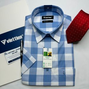 Áo sơ mi cộc tay Việt Tiến kẻ ô 1S6253 có size lớn - Regular vạt ngang