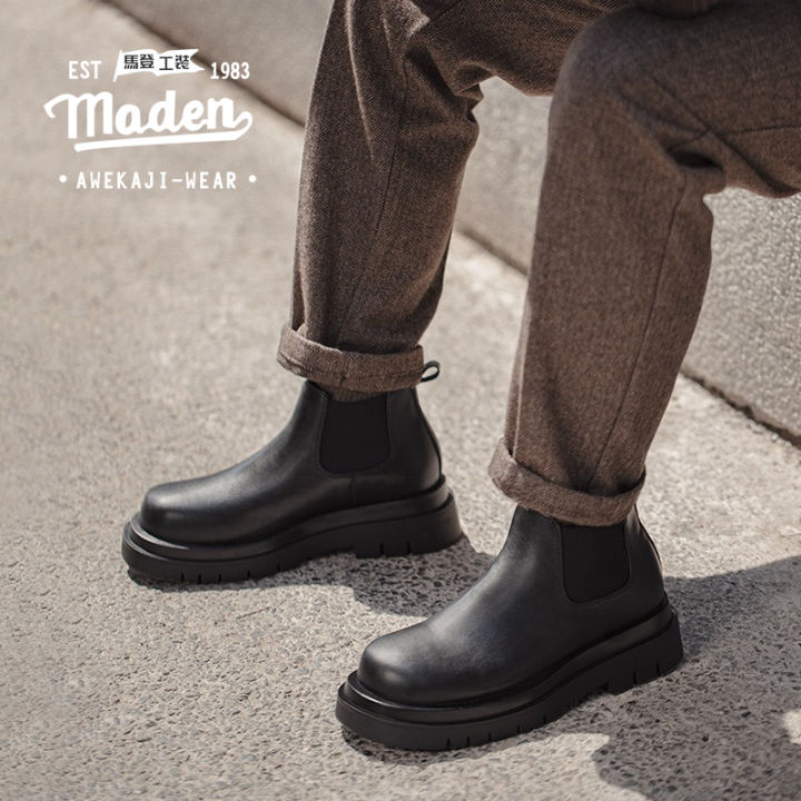 MADEN brand workwear style men youth 2025 autumn new high street party  fashion Chelsea boots Derby shoes thick sole height increasing casual black 