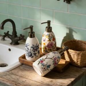 Vintage Floral Pattern Ceramic Hand Soap Dispenser Hand Press Refillable Reusable for Bathroom Vanity Countertop