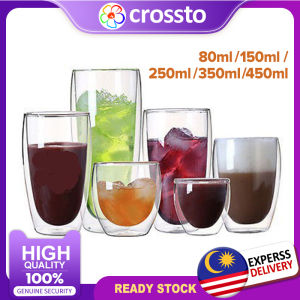 CROSSTO Double Wall Cup Glass Coffee Mug Heat Resistant Tea Cup Insulated Cold Drinking Milk Cup wirh Handle Transparent Glass Flower Tea Cup