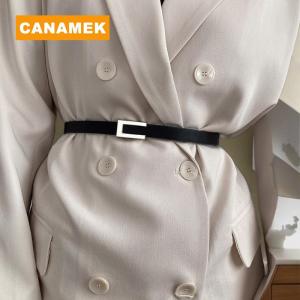 【CANAMEK】 Women Thin Belt Black Gold Silver Metal Buckle Belt PU Casual Leather Waist Belt Trouser Dress Decoration Waistband