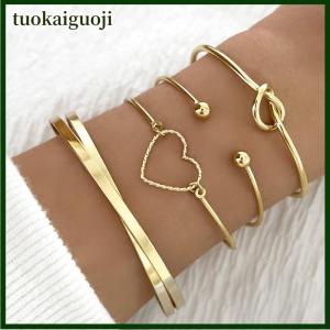 tuokaiguoji ชุดกำไลข้อมือโลหะโบฮีเมียน4ชิ้นชุดกำไลข้อมือหัวใจสำหรับผู้หญิงกำไลข้อมือเปิดเรขาคณิตเครื่องประดับแฟชั่นผู้หญิง