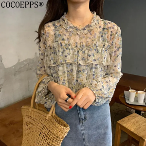 COCOEPPS Blouse for Women New Beaded Mesh Stitching Lapel Slim Single-breasted Short-sleeved  Shirt