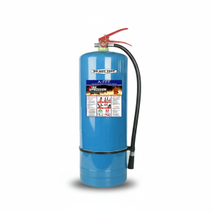 AFFF Wet Chemical Fire Extinguisher 10lbs with Smoke Detector and Fire Stop. Blue color. Refillable. Suitable for indoor use. Scene: hallway with fire hazard sign.