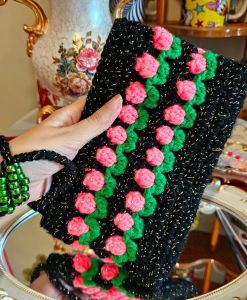 Crocheted Handmade Wristlet bag 3 d flowers and leaves black and pink pattern with crystals for gift/anniversary/birthday/wedding