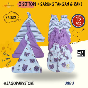 3 Set Topi Bayi dengan Sarung Tangan dan sarung Kaki Bayi Newborn SNI Varian Ungu Motif