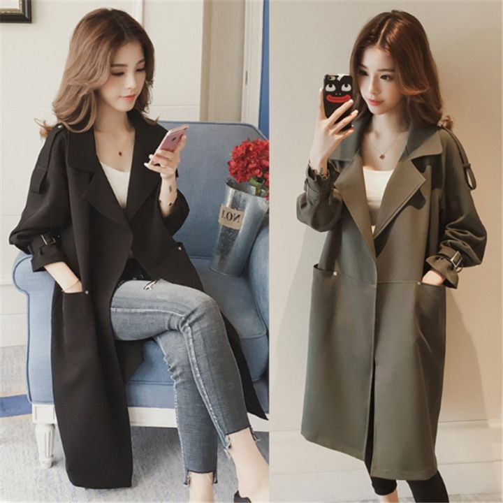 Plus Size S-4XL Women Long Trench Coat Spring Autumn Winter Fashion Casual  Elegant Slim Loose Windbreaker Jacket Outwear Office Work Suit Black Army 