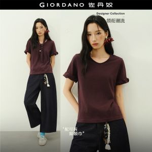 GIORDANO Women T-Shirts Detachable Beaded Tie Twisted Trim Tee Round Neck Short Sleeve Fashioinable Casual T-Shirts 18326822