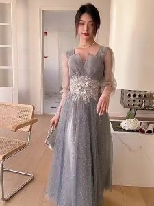 Dusty Blue Tulle Bridesmaid Gown 2022 Wedding Bridesmaid Dresses Long for Women Prom Banquet Dress㏇X0407