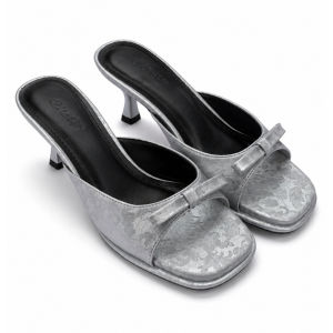 Guốc Nữ Merly 1646-5P Chính Hãng Gót Nhọn 5cm Nơ Gấm Sang Trọng Dép Mule Big Size 35-43 Trắng Ghi Đen Gấm