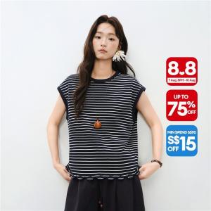 Giordano Women Embroidered hem striped cap sleeve cotton tee Free Shipping 18326712