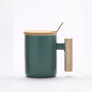 Buyyu 380ml Nordic Style Ceramic Coffee Tea Mug with Bamboo Wooden Lid and Handle (Free Golden Teaspoon)