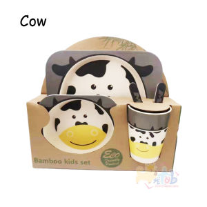 Hntob 5 In 1 Baby 12M+ Dinner Set Animals Bamboo Plate Spoon Fork Mug Eating Tableware BPA Free