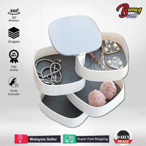 360° Rotating Jewelry Box 4 Layers Rotating Storage Box Organizer with Mirror / Kotak Barang Kemas