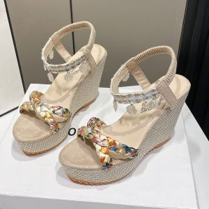 Free Shipping One-Strap Beach Sandals New Summer High-Heeled Shoes Elastic Band Wedge Heel Thick-Soled WomenS Shoes