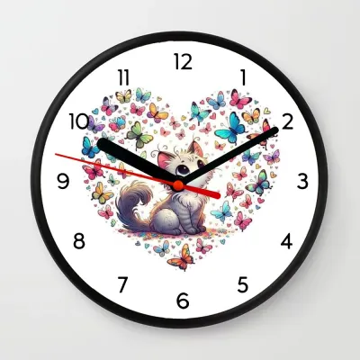 Jam Dinding Imut dengan Gambar Kucing dan Kupu - kupu Cocok untuk ruang keluarga kamar anak-anak