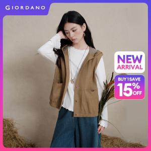 Giordano Women Textured plaid paneled hooded vest Free Shipping 18376506