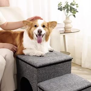 Pet dog staircase with three steps foldable with storage for climbing onto beds and sofas suitable for corgis and teddy dogs