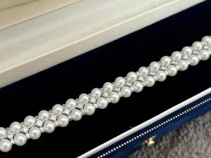 4-5mm Natural Freshwater Pearl Bracelet Double Row with Cubic Zirconia Near Round High Luster Pearl Bangle for Women