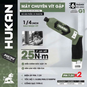 Máy Chuyên Vít Gập HUKAN G1-TD2572D Lực Siết 25Nm Chỉnh Tốc 2 Cấp Kèm 2pin 7.2v