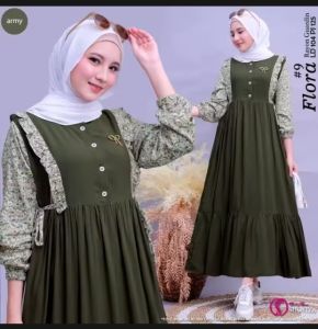 Midi Dress Flora Terbaru Dress Wanita Kekinian Bahan Rayon Twill Combi Motif Polos Rayon Viscose