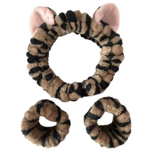 1set Elastic Women Shower Hairband & Wristband Cute Kitten Plush Face Wash Hairband Home Makeup Headband Wristband