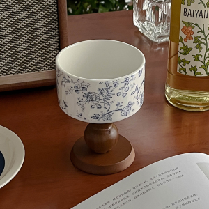 Mangkuk Buah Porselen China Dengan Kaki Tinggi | Mangkuk Bergagang Kayu | Penyimpanan Perhiasan | Dekorasi Rumah