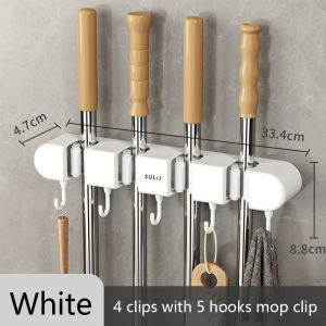 Mop Broom Holder Multifunctional Storage Rack with Hook Wall Mounted Bathroom Kitchen Heavy Duty Tool Hanger Mop Broom Holder Rack Self-adhesive Multipurpose Mop Clamp Traceless Hook
