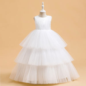 Sleeveless Ceremony Elegant Party Dresses Teens Girls Tulle White Bridesmaid Flower Birthday Wedding Prom Evening Princess Puffy Dress Stage Ball Gown Girl Kids Long Dresses for 4 5 6 7 8 9 10 11 12 13 14 Years Old