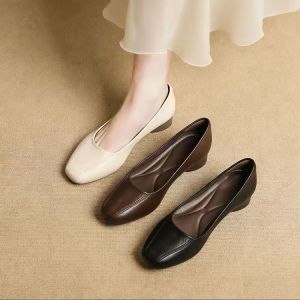 Free Shipping Soft Leather Flats For Women Spring New Collection Square Toe Shallow Mouth Soft Leather Mid-Heel Flat-Soled Mom Shoes Plus-Size Soft-Soled WomenS Shoes