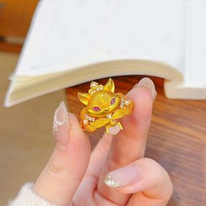 LIGHTER สีทองทอง แหวนเปิดพลอยเทียม มีเท็กซ์เจอร์ สไตล์จีนจีน แหวนรูปสัตว์ สร้างสรรค์และสร้างสรรค์ อุปกรณ์เสริมสำหรับผู้หญิง แหวนโลหะโบราณ สำหรับผู้หญิง