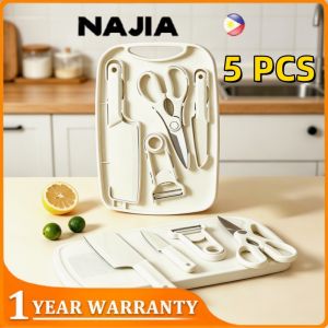 NAJIA 5pcs Kitchen Knife Set with Chopping Board Stainless Steel Scissors Chefs Knife Fruit Knife for Kitchen Camping