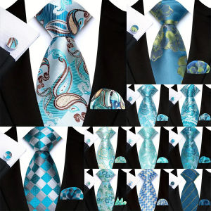 Mens 8CM Necktie Teal Green Lack Blue Stripes Plaid Floral Tie for Men Hanky Cufflinks Tie Set Fashion Wedding Bussiness Party