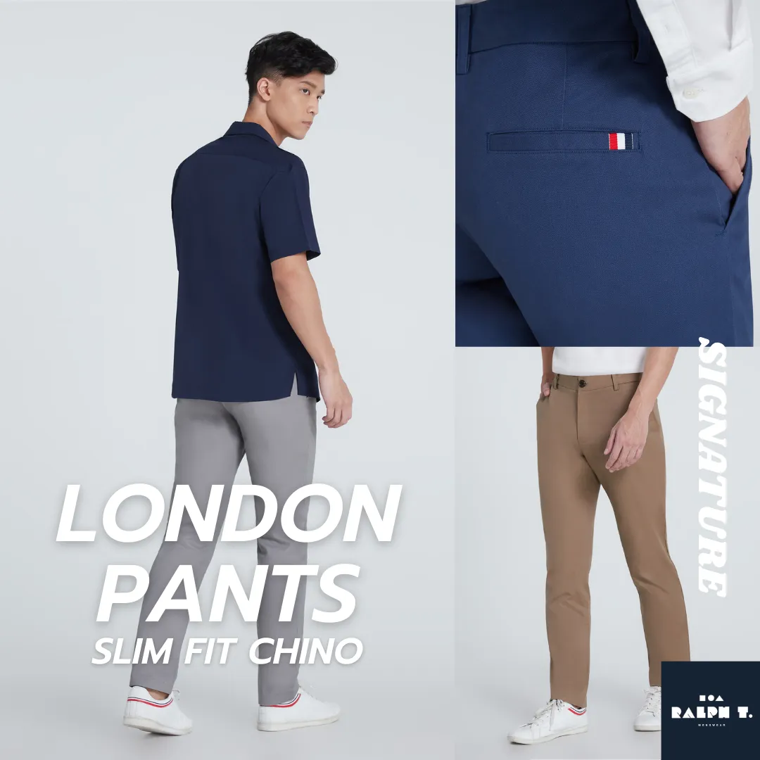 RALPH T OFFICIAL กางเกงขายาวผู้ชาย กางเกงชิโน่ ทรงกระบอกเล็ก ธง 3 สี SLIM FIT LONDON PANTS - สแล็ค สีดำ สีกรม สีกากี สีขาว สีเทาอ่อน